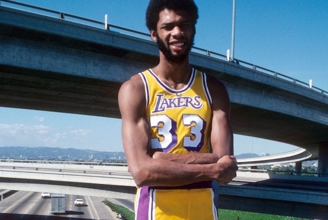 Kareem Abdul-Jabbar in a Lakers jersey